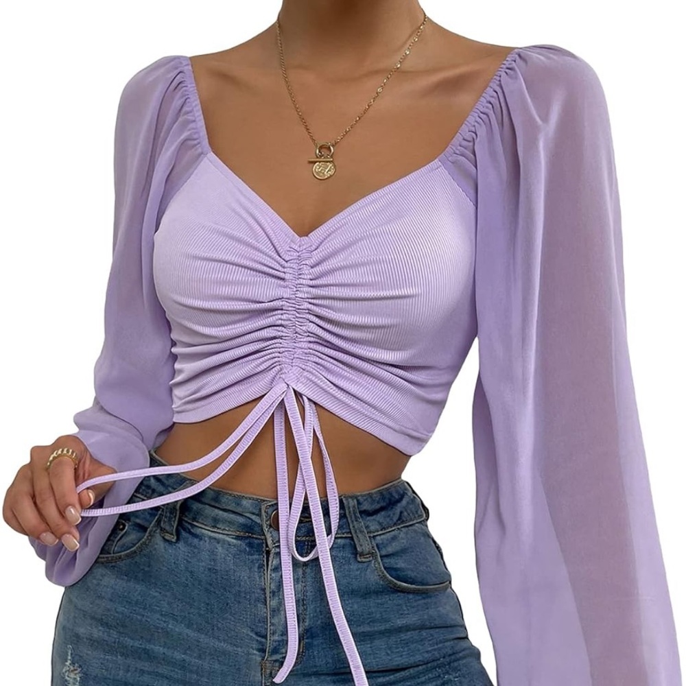 Plus Drawstring Front Lantern Sleeve Crop Top  2XL 16